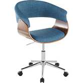 Vintage Mod Office Chair in Chrome, Walnut Wood & Blue Fabric